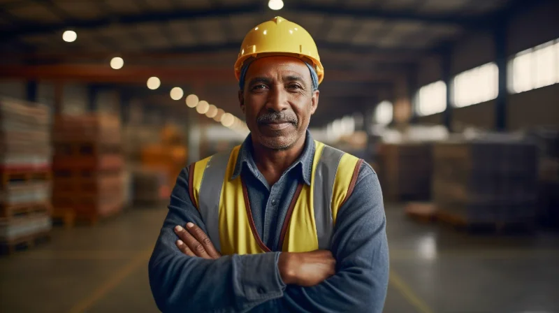 Warehouse worker in construction hat 